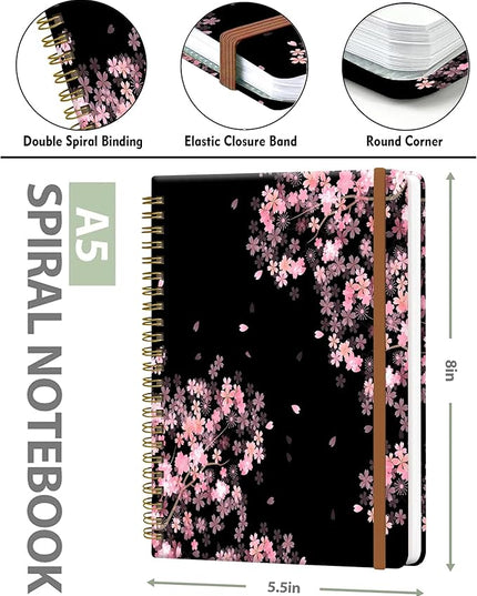 Spiral Journal Notebook for Women, Hardcover A5 College Ruled Notebook, 60 Sheet, Thick Paper, Cute Lined Journal for School, Office & Work, 6 x 8.4 in(Cherry Blossoms Spring)