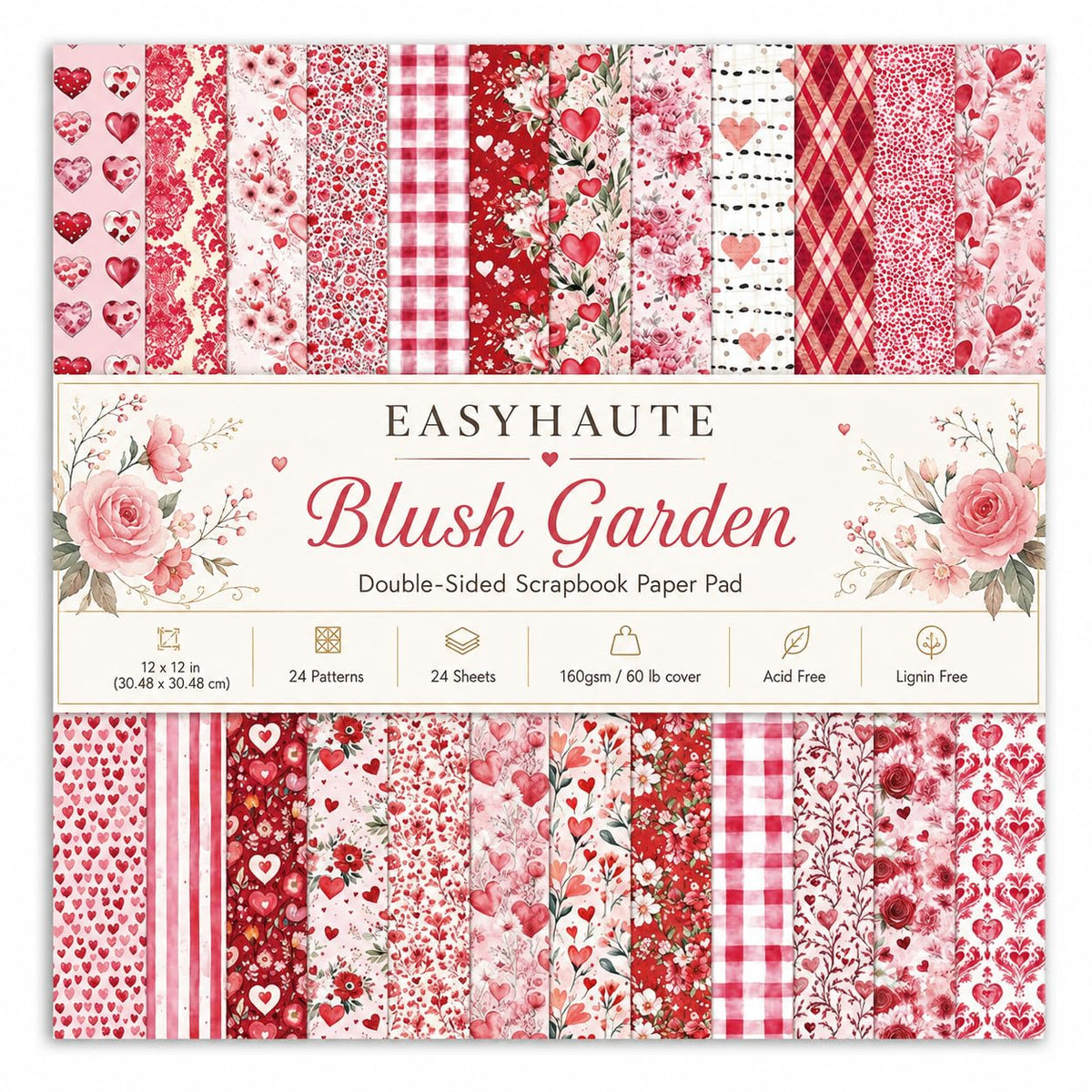 Valentine Scrapbook Paper 12x12 Inch, 24 Sheets Double Sided 160gsm Cardstock Pad, Acid Free Vintage Patterned Craft Paper for Card Making, Valentines Day DIY Gifts & Love Scrapbooking Supplies