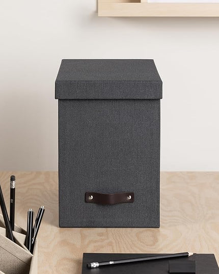 Bigso John Desktop File Box - Storage Solution and Document Organizer for Important Paperwork - Durable Hanging File Box with Lid and Leather Handle - 7.36 in x 13.26 in x 10.51 in - Black