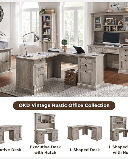 OKD 60" Executive Desk with Hutch and Drawers, Farmhouse Home Office Desk with Charging Station, Keyboard Tray, File Cabinet Storage, Wood Computer Desk for Work and Study, Light Rustic Oak