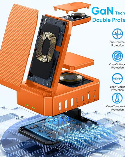 300W Charging Station for Multiple Devices Apple, Zutspzss 10 in 1 Wireless Charger for iPhone 16, GaN III USB C 65W PD Fast Charging Stand Dock for MacBook, Apple Watch&Airpods,Orange