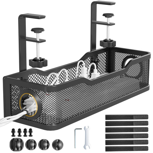 Under Desk Cable Management Tray Black, Cinati Wire Organizers No Drill, Cable Tray with Clamp for Wire Management, Cord Organization Box for Office, Home - No Damage to Desk