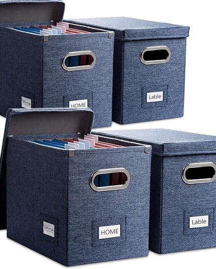 PRANDOM File Organizer Box - Set of 4 Collapsible Decorative Linen Filing Storage Hanging File Folders with Lids Office Cabinet Letter Size Navy Blue (14x9.3x10.8 inch)