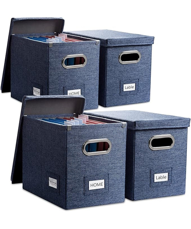 PRANDOM File Organizer Box - Set of 4 Collapsible Decorative Linen Filing Storage Hanging File Folders with Lids Office Cabinet Letter Size Navy Blue (14x9.3x10.8 inch)