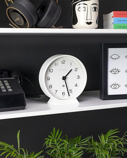 NEWGATE® M Mantel Echo Desk Clock | Modern Round Design | White | Easy to Read Numbers | Contemporary Style for Desk, Table, Shelf or Bedside