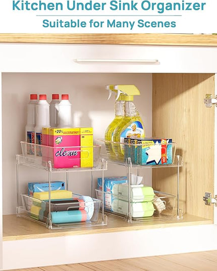 Vtopmart 4 Pack Bathroom Organizer, 2 Tier Clear Under Sink Organizers Vanity Countertop Storage Container,Cabinet Drawers Bins, Pull-Out Organization with Track for Pantry, Kitchen