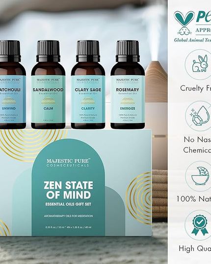 Majestic Pure, Rosemary, Sandalwood, Clary Sage and Patchouli Meditation Essential Oil Set | Perfect for Meditation, Yoga, Relaxation or Mindful Mornings | Pack of 4 x 0.3 Fl Oz