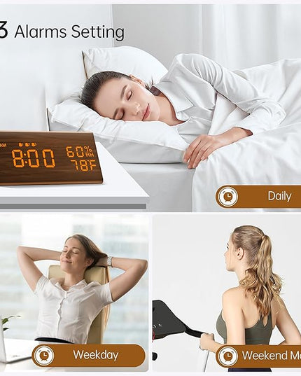 JALL Digital Alarm Clock, with Wooden Electronic LED Time Display, 3 Alarm Settings, Humidity & Temperature Detect, Wood Made Electric Clocks for Bedroom, Bedside (Brown)