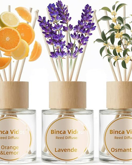 Binca Vidou Reed Diffuser Set, Lavender Osmanthus Orange&Lemon Scent Oil Diffusers with Sticks for Home Office Bathroom Aromatherapy Decor 1.69oz X 3