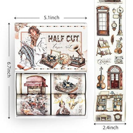 Snycler Pre-Cut Brown Memory Themed PET Washi Tapes - Vintage Aesthetic Tape Stickers for Journaling, Scrapbooking, Junk Journals, Crafts, Planners - 4 Rolls