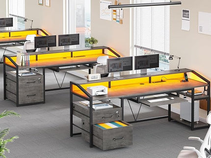 SEDETA 63" Computer Desk, Office Desk with Lockable Drawers for Legal/Letter File, Gaming Desk with LED Lights & Power Outlet, Home Office Desks with Storage, Grey