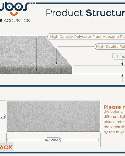 BUBOS 2 PCS Acoustic Panels,47.2''x11.8'' Fabric Soundproof Wall Panels,Self-adhesive Sound Absorbing Panels for Studios, Office, Home Theater, Fabric-Clad-N Light Grey