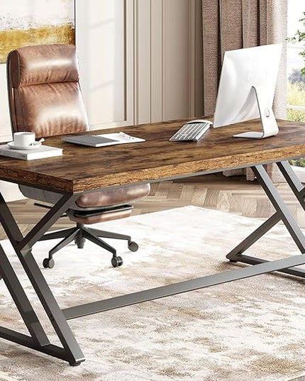LVB Rustic Computer Desk, Metal Wood Home Office Desk, Industrial Simple Study Executive Desk for Writing Work, Wooden Student Gaming Computer PC Table with Storage for Bedroom, 55 Inch, Rustic Brown