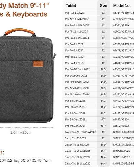MoKo 9-11 Inch Tablet Sleeve Bag Handle Carrying Case with Shoulder Strap Fits iPad Pro 11 inch,iPad 10th 10.9,iPad 9/8/7th Generation 10.2,iPad Air 5/4th 10.9,iPad 9.7,Tab S8/S9 11", Black & Gray