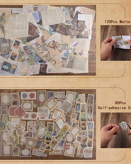 200Pcs Vintage Scrapbook Stickers, Aesthetic Junk Journal Stamping Supplies Kit, Scrapbooking Ephemera Washi Paper for Bullet Journaling Planners Diary Collage (Artistic)