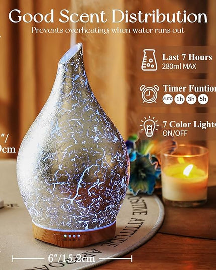 Porseme 280ml Essential Oil Diffuser, 3D Glass Aromatherapy Diffusor, Ultrasonic Cool Mist BPA Free Aroma Humidifier with Timer and Color Changing Function, Waterless Shut-Off for Home Office Room