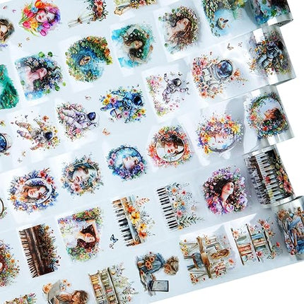 AuriicLeaf Dreamy Floral PET Tape Set with Clip, 6 Rolls Pre-Cut Vintage Tape for Journaling, Scrapbooking, DIY Crafts, and Planners