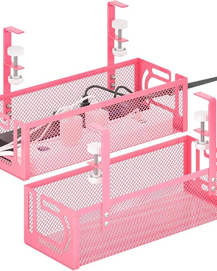 Under Desk Cable Management Tray, 15.7'' No Drill Steel Desk Cable Organizers, Wire Management Tray Cable Management Rack (2 Pack-Pink)