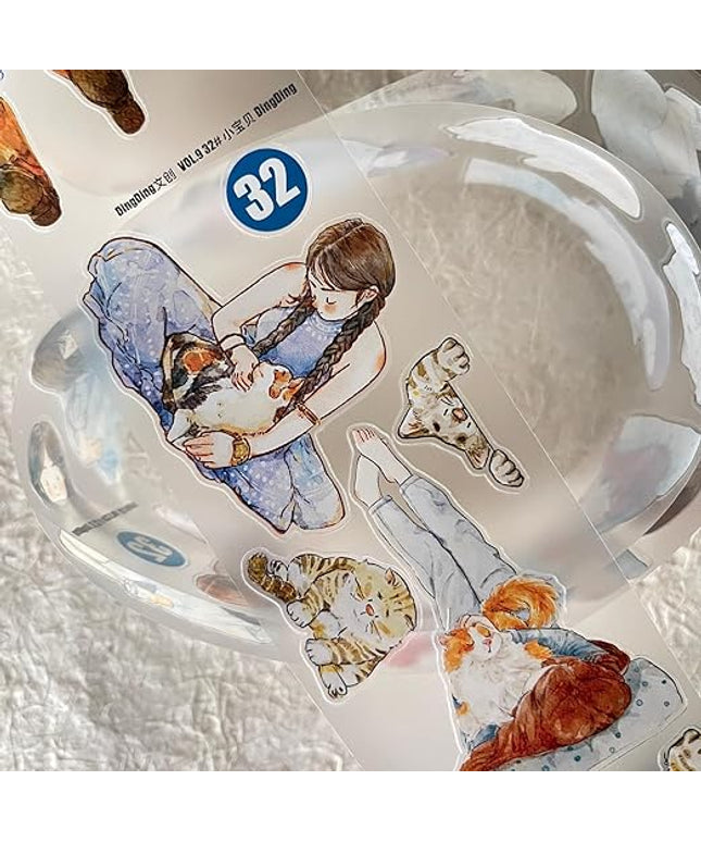 DingDing Vol9-32 My Pet Baby,Matte PET Tape Pre-Cut Washi Tape Stickers,Original Design Vintage Girls&Cute Pets Playing,for Scrapbook Supplies,Scrapbook Tape Stickers,Journaling,Bullet Journals