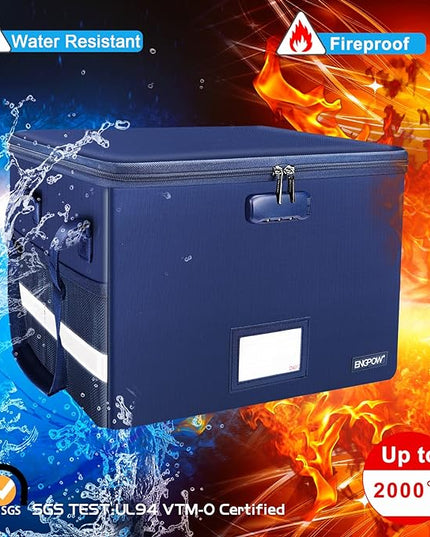 ENGPOW File Box with Lock, Fireproof Document Box with Zipper＆Pockets, Collapsible File Organizer Filing Storage Cabinet with Handle, Portable Home Office Safe for Hanging Letter/Legal Folder, Blue