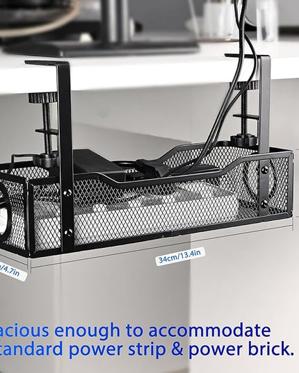 Under Desk Cable Management Tray Small – Clamp-Mounted Wire Organizer & Cord Management Under Desk Holder, No-Drill Metal Cable Tray for Home Office (Black)