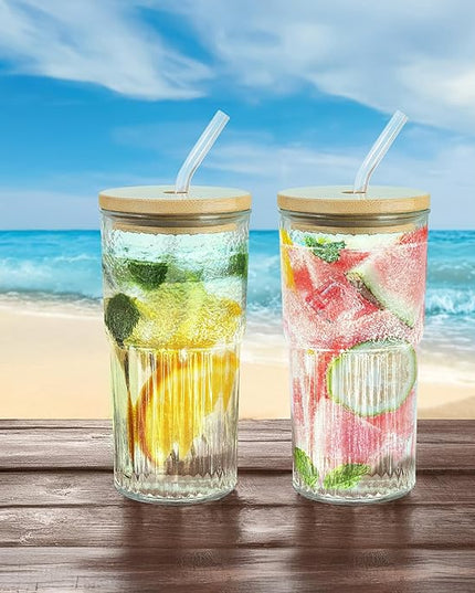 Joeyan 24 oz Clear Glass Tumbler with Straw and Bamboo Lid,Ribbed Large Glasses Cups for Iced Tea Coffee Smoothie Water Juice Beverages Soda,Thickened Drinking Jar,Set of 2,Dishwasher Safe