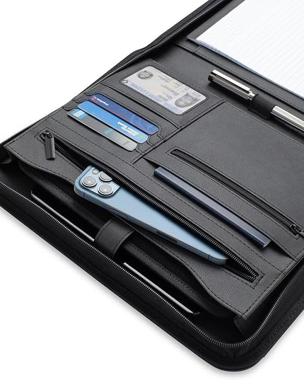 Forevermore Portfolios Padfolio Binder - Professional Faux Leather Travel Organizer Pouch for Tablet, Documents, Presentation Folders, Zipper Closure, Notepad - Black