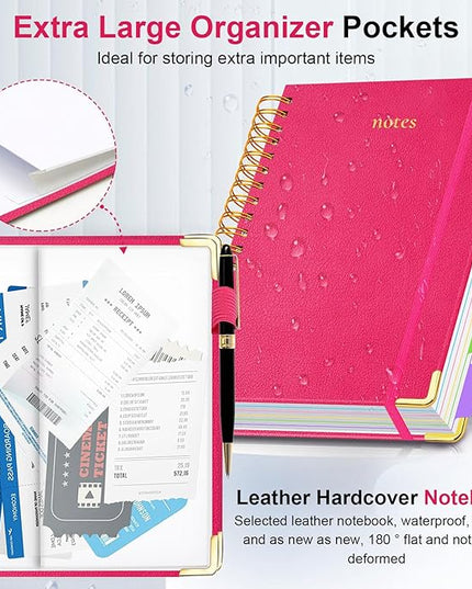 Hardcover Spiral Notebook 6.2"x 8.2" Journal Notebook with Tabs and Removable Dividers 300 Pages 5 Subject Notebook College Ruled, Faux Leather Spiral Bound Notebook for Women School Work(Rose Red)