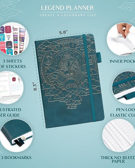 Legend Planner Hourly Schedule Edition – Deluxe Weekly & Daily Organizer with Time Slots. Time Management Appointment Book Journal for Work & Personal Life, Undated, A5 Hardcover – Dark Teal Gold