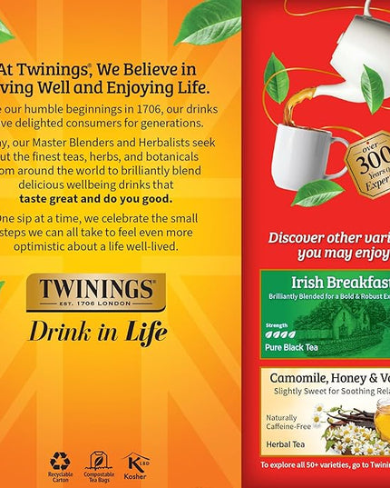 Twinings English Breakfast Black Tea Individually Wrapped Bags, 25 Count (Pack of 6), Flavourful, Robust Black Tea, Caffeinated, Enjoy Hot or Iced, 150 Teabags