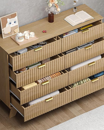 BORNOON Fluted 9 Drawer Dresser, 57.1" Wide Modern Boho Chest of Drawers, Wooden Storage Dresser TV Stand for Bedroom, Living Room, Closet, Hallway, Curved Profile Design