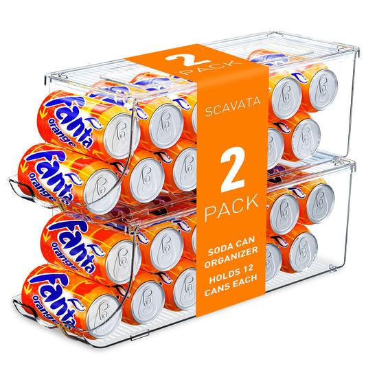 SCAVATA 2 Pack Soda Can Organizer for Refrigerator, Stackable Canned Food Pop Cans Container Can Holder Dispenser with Lid for Fridge Rack Freezer, Clear Storage Bins-Holds 12 Cans Each (Clear)