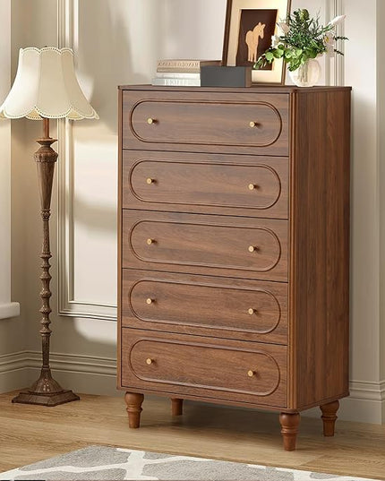 5 Drawer Fluted Dresser for Bedroom, Mid Century Modern Chest of Drawers, Wood Storage Large Dresser Organizer for Bedroom Living Room Hallway Closet, Walnut