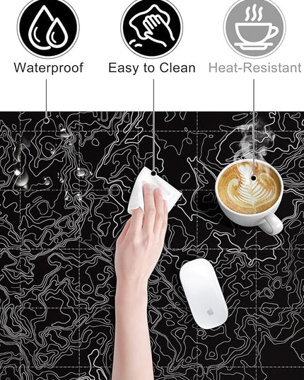 TopMade Mouse Pad with 15W Fast Wireless Charging, 31.5"x15.75" XXL Large Gaming Waterproof Desk Pad with Ultra-Smooth Surface, Non-Slip Base, Computer Desk Mat, Black Topographic Map #3