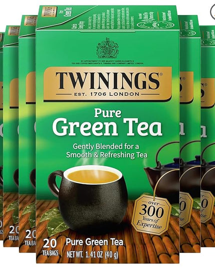 Twinings Pure Green Tea Individually Wrapped Bags, 20 Count (Pack of 6), Smooth Flavour, Enticing Aroma, Caffeinated, Enjoy Hot or Iced, 120 Teabags