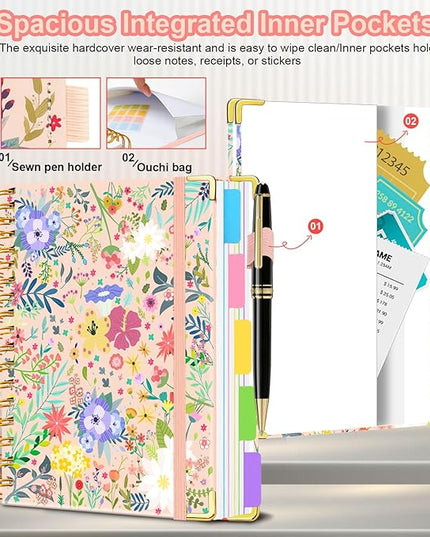 Spiral Journal Notebooks for Work, 300 Pages 5 Subject Notebook College Ruled with Dividers & Tabs, 8''x 10'' Large Notebook Journal for Women Students Note-Taking and Organizer (Beige Bloom)