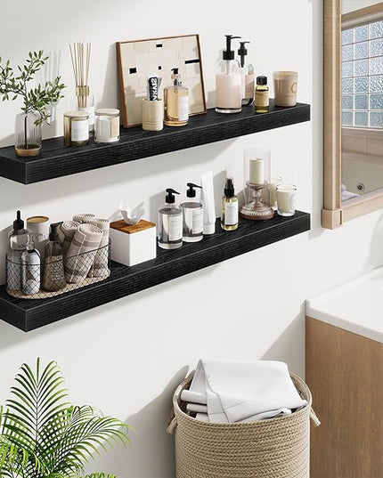 Fun Memories 40 Inch Floating Shelves, Long Wood Wall Shelf Set of 2 with Invisible Brackets, for Bathroom, Living Room, Bedroom, Kitchen, Black