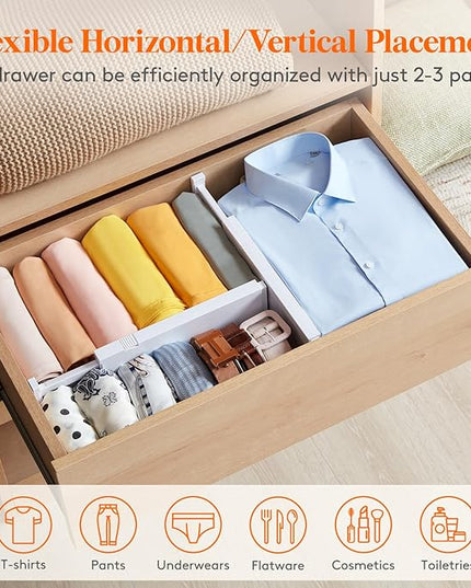 Lifewit 5 Pack Drawer Dividers 4" High, 11-17" Adjustable Dresser Drawer Organizers for Clothes, Expandable Drawer Separators in Kitchen/Bedroom/Bathroom/Vanity/Office Organization and Storage, White