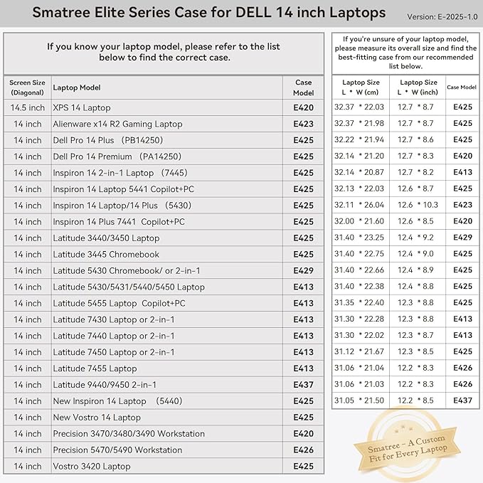 Smatree 14 inch Laptop Sleeve for DELL Precision 5470/5480/5490 Workstation, for 13.3 inch DELL Latitude 5330/5340/5350, Protective Laptop Case with Pocket, Patented Shockproof Design (E426)