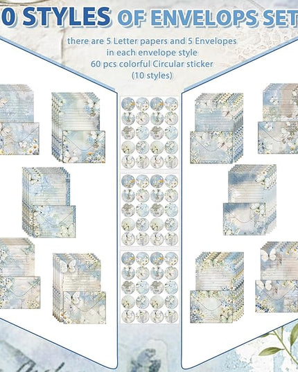 TaoBary 160 Pcs Stationery Paper Set 50 Double Sided Stationery Papers with 50 Matching Envelopes and 60 Round Dot Sticker, 10 Design (Serenity Junk,8.25 x 5.5 Inch)