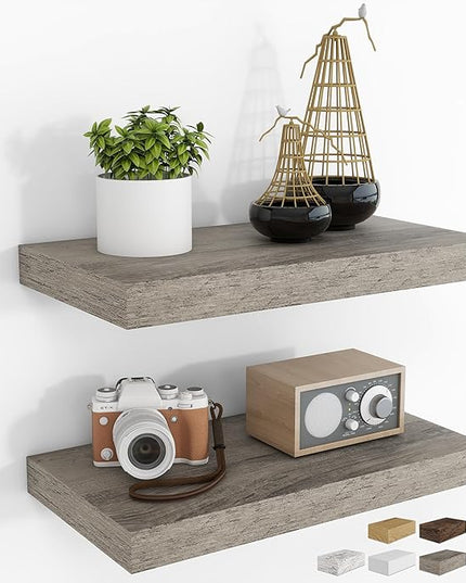 RICHFOCUS 16Inch Floating Shelves for Wall 2 Pack Shelves for Bedroom|Kitchen|Bathroom Wall Mounted Rustic Wood Floating Shelf with Invisible Brackets for Books|Storage|Decor, Grey