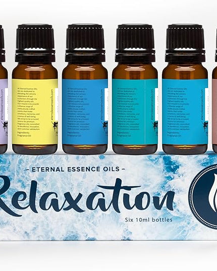 Eternal Essence Oils Relaxation Set of 6 Premium Fragrance Oils - Includes Lavender Chamomile, Ylang Ylang, Mountain Rain, Ocean Breeze, Eucalyptus, and Sandalwood Scented Oils - 10ML