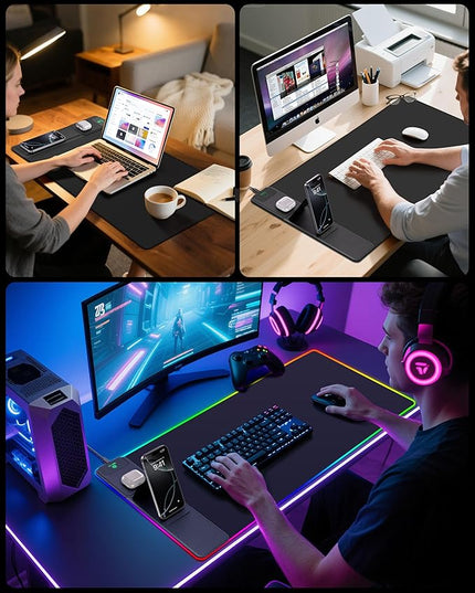 4-in-1 RGB Gaming Mouse Pad with Wireless Charging & Phone Stand, 31.5"x15.8" Large, 24 Light Effects, Non-Slip Base, Waterproof Ultra-Smooth Surface, with Adatper
