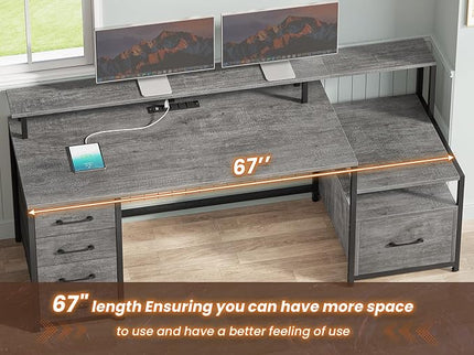 SEDETA Home Office Desk with File Drawer & Power Outlet, 66'' Computer Desk with 5 Drawer, Storage Shelves, Printer Cabinet and Monitor Shelf, Gaming Desk with Led Lights, Grey