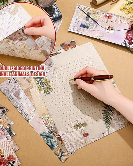 TaoBary 160 Pcs Stationery Paper Set 50 Double Sided Stationery Papers with 50 Matching Envelopes and 60 Round Dot Sticker, 10 Design(Nature Vintage Style,8.5 x 11 Inch)