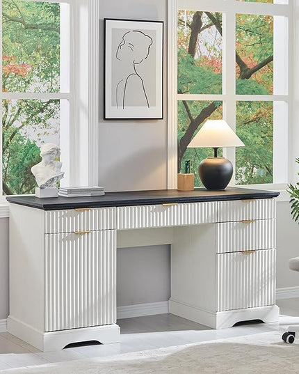 JXQTLINGMU 58" Modern Executive Desk with Storage, Wood Home Office Desk with 5 Drawers & 1 Cabinet, Fluted Computer Writing Desk for Study, Living Room, Bedroom, Antique White
