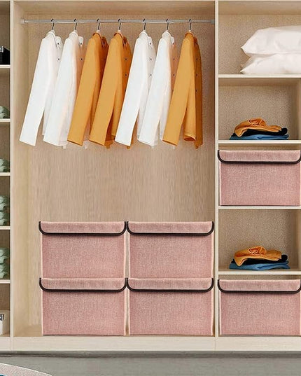 Linen Fabric Foldable Storage Cube Bin Organizer Basket with Flip-Top Lid & Handles, Large Clothes Blanket Box for Home, Office, Closet, Pink, 4 Pack 14.6 x 9.5 x 9.5”