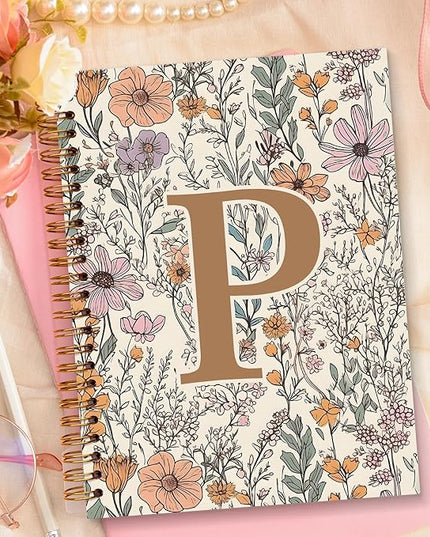 JXREQ Vintage Boho Floral Personalized Notebook, Initial Letter P Notebook Journal, Monogram Notebook, Monogrammed Gifts for Women, Boho Office Supplies, Flower Spiral Notebook 5.5x8.3