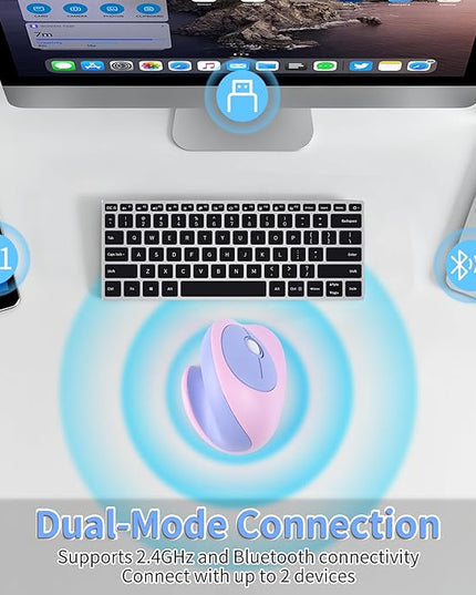 Wireless Mouse Ergonomic Vertical Mouse with Bluetooth & 2.4GHz USB Receiver 3 Buttons Rechargeable Silent Portable Optical USB Cordless Mice for Laptop PC Desktop Tablet Kids Adults Gifts (Purple)