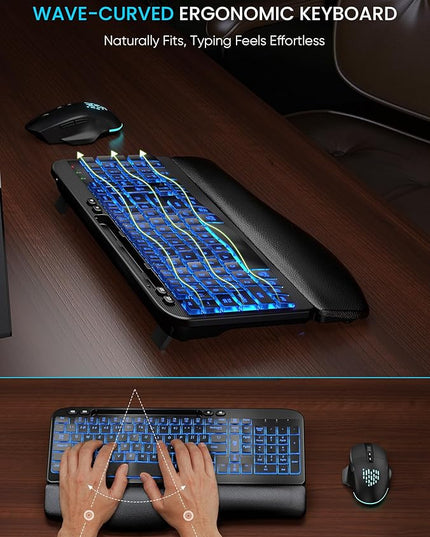 SABLUTE Wireless Keyboard and Mouse Combo - Ergonomic Wave Keyboard with Soft Leather Wrist Rest, Phone Holder, Rechargeable, RGB Backlit Mouse, Full-Size Set for Windows/Mac/Computer (Black)